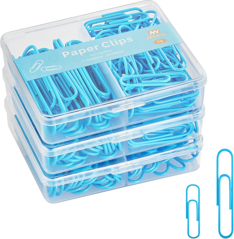 NEEWAY Colorful Paper Clips Assorted Sizes, Small and Large Paperclips, 210 Count, 3 Pack of 70 (Blue) - Image 1